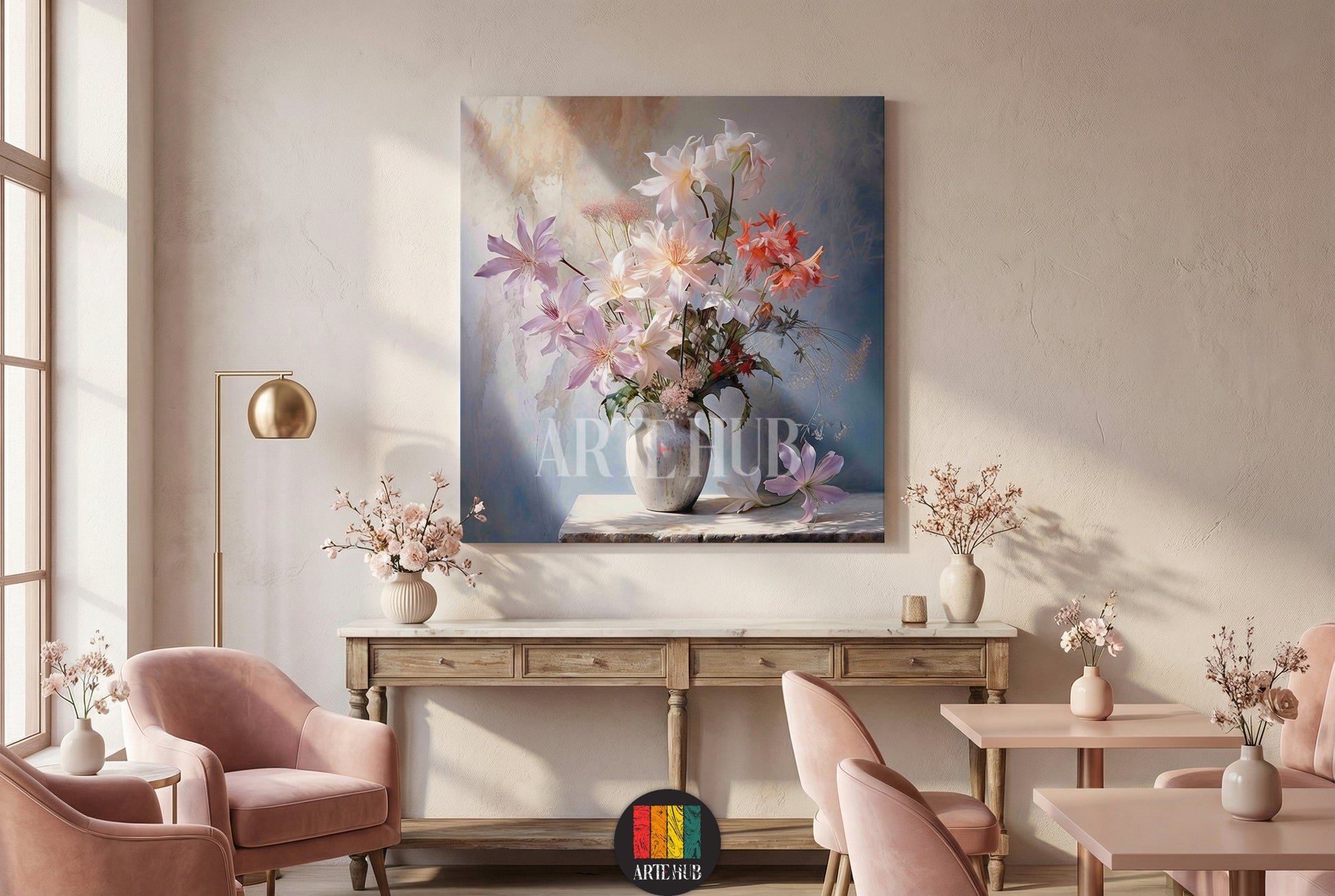 Elegant impressionist floral bouquet in a vase canvas wall art for modern home decor in a minimalist living room setting.