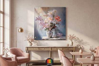 Elegant impressionist floral bouquet in a vase canvas wall art for modern home decor in a minimalist living room setting.