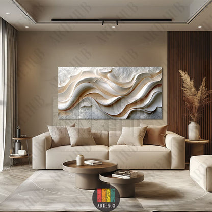 A large horizontal canvas wall art with 3d textured white and gold abstract waves hung above a beige sofa in a modern Egyptian home.