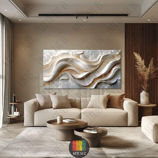 A large horizontal canvas wall art with 3d textured white and gold abstract waves hung above a beige sofa in a modern Egyptian home.