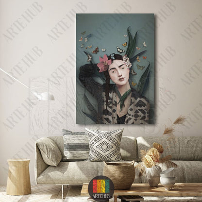 A fine art portrait canvas wall art featuring a woman with butterflies and flowers, perfect for luxury modern wall decor in an Egyptian home.