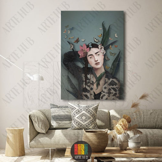 A fine art portrait canvas wall art featuring a woman with butterflies and flowers, perfect for luxury modern wall decor in an Egyptian home.