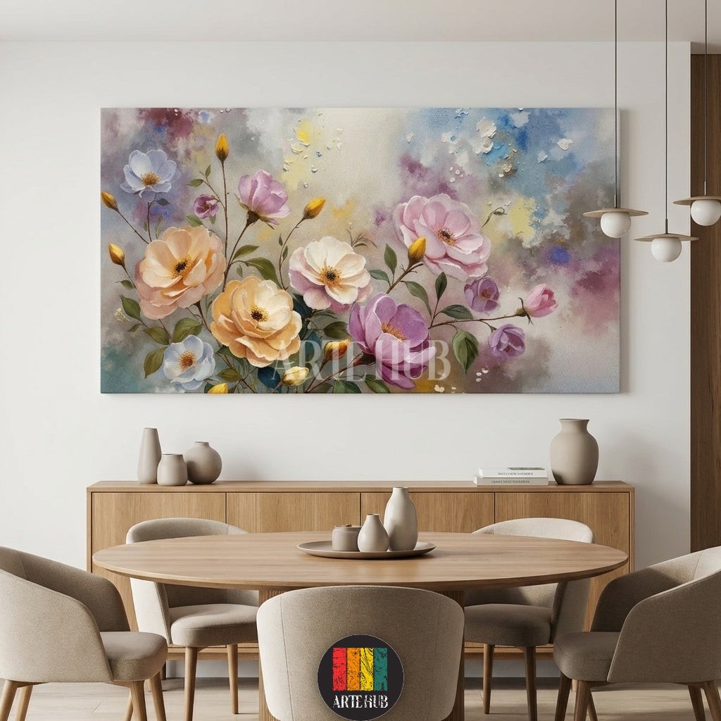 A premium watercolor-style canvas wall art piece featuring soft pink and yellow flowers on a textured pastel background, perfect for modern home decor in Egypt.