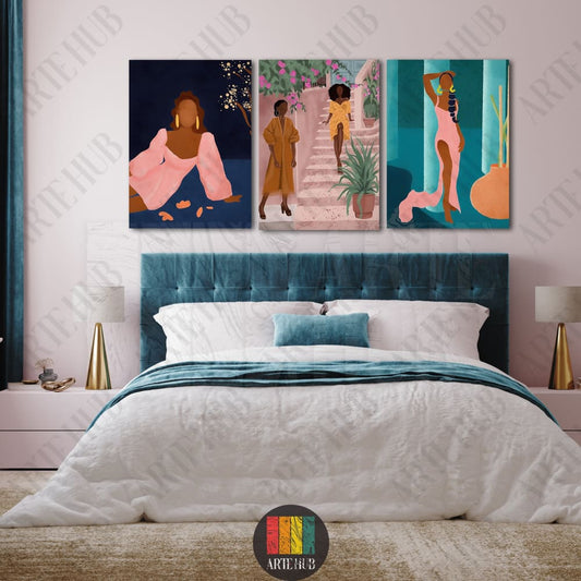 A triptych set of canvas wall art panels featuring modern minimalist illustrations of elegant women in stylish fashion, perfect for luxury bedroom decor in Egypt.