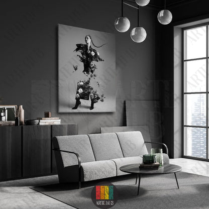 Sophisticated black and white fashion canvas wall art showing a woman in a floral outfit, perfect for modern luxury home decor in Egypt.
