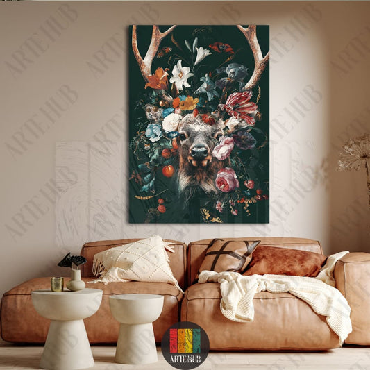 Elegant deer head canvas wall art with vibrant vintage flowers and antlers, ideal for luxury home decor and modern living rooms in Egypt.