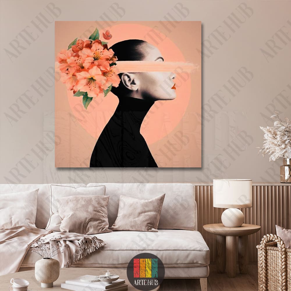 Modern canvas wall art featuring a minimalist female portrait with peach floral headpiece and brushstroke detail, ideal for luxury home decor in Egypt.