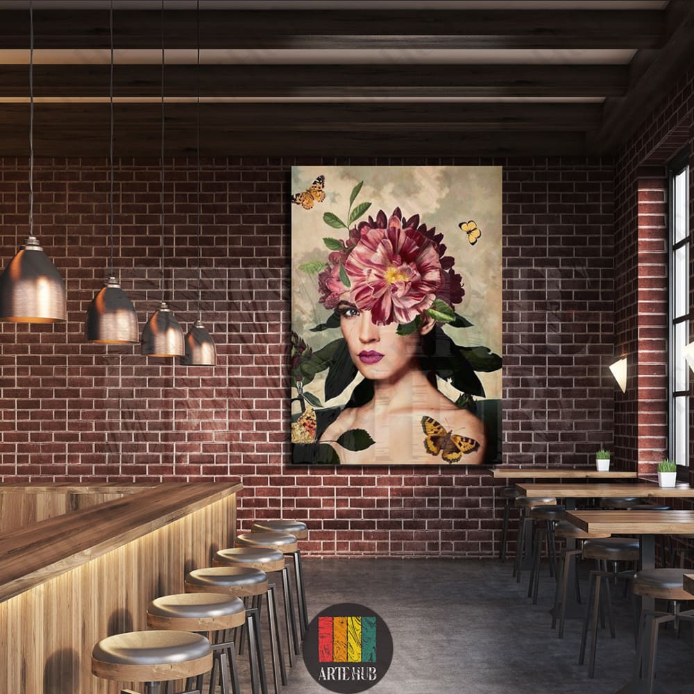 A premium surrealist canvas wall art featuring a woman with a large pink flower head and yellow butterflies in a modern industrial setting.