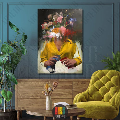 A surrealist oil painting canvas wall art featuring a figure in a yellow shirt with a vibrant bouquet of flowers for a head, set against a dark background.