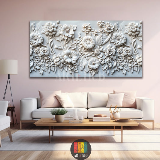 Exquisite 3D white floral relief canvas wall art displayed in a modern, luxury living room setting.