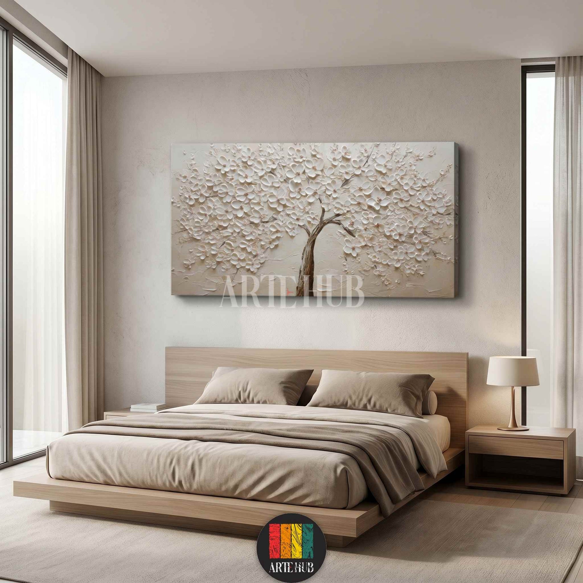 Hand-textured 3D white floral tree canvas wall art displayed in a modern bedroom, showcasing luxury home decor styles in Egypt.