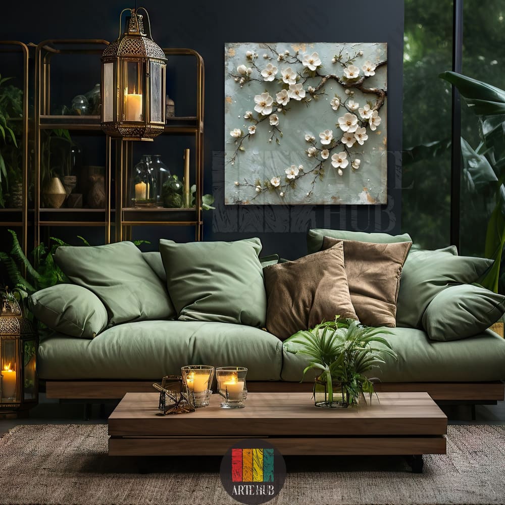 Elegant 3D white flower canvas wall art with textured blossoms displayed in a luxury green living room setting in Egypt.