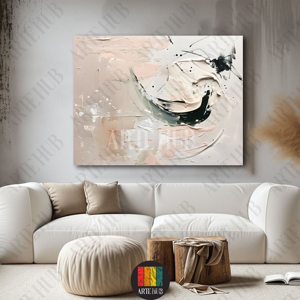 A large abstract canvas wall art featuring thick textured palette knife strokes in beige, cream, and black, hanging above a white sofa in a modern Egypt home.