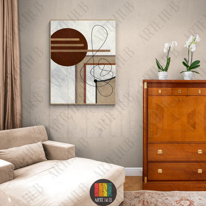 Modern abstract canvas wall art featuring minimalist geometric circles and scribbled lines in a contemporary living room setting.