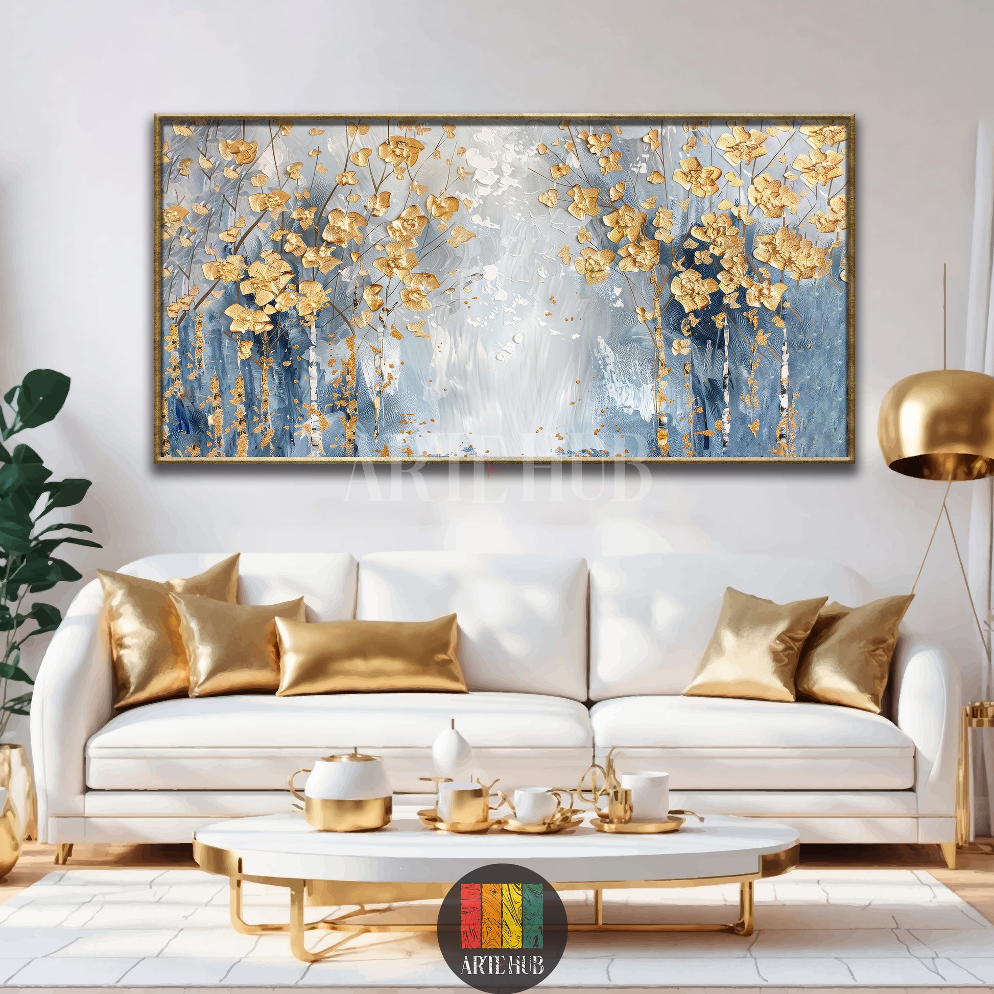 Luxurious landscape canvas wall art featuring abstract golden trees on a textured blue and white background with a premium gold frame in a modern setting.