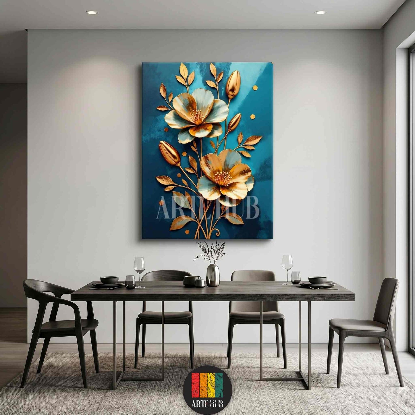 Modern 3D style golden flowers on a textured teal background canvas wall art hanging in a luxury dining room in Egypt.