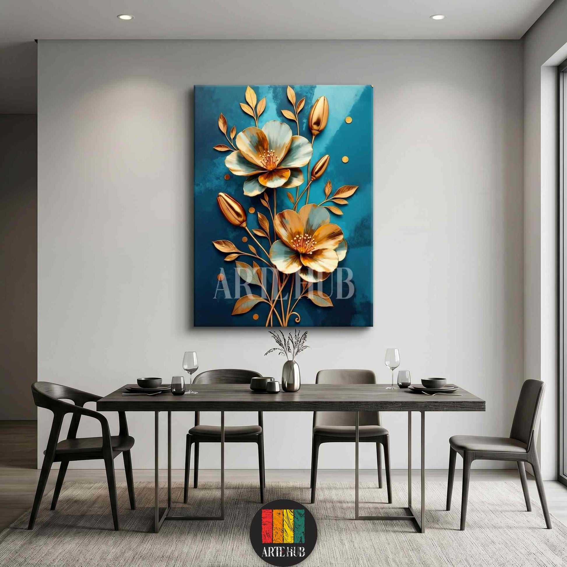 Modern 3D style golden flowers on a textured teal background canvas wall art hanging in a luxury dining room in Egypt.