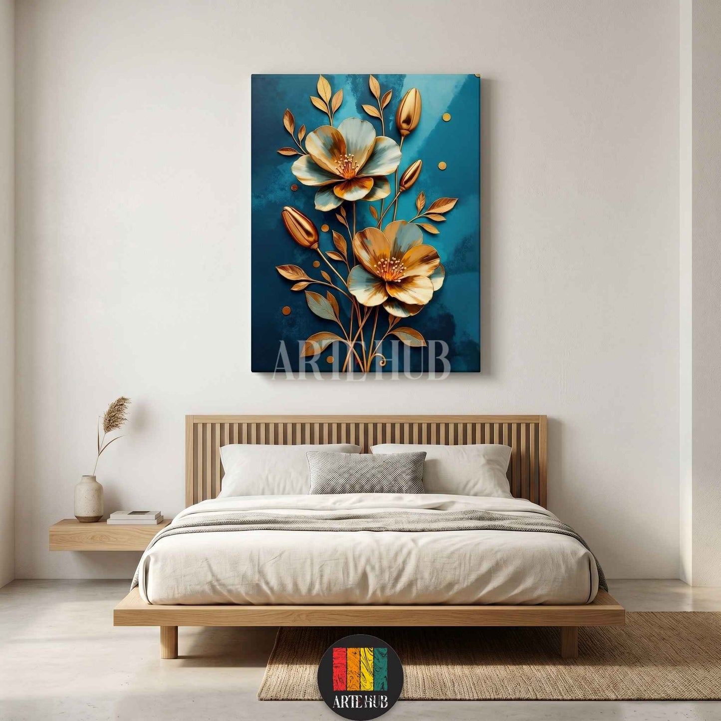 A luxurious canvas wall art featuring 3D metallic gold flowers and leaves on a textured deep teal background, perfect for premium modern decor in Egypt.