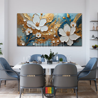 3D-textured white and gold floral canvas wall art displayed in a luxury dining room with blue velvet chairs, modern home decor Egypt.