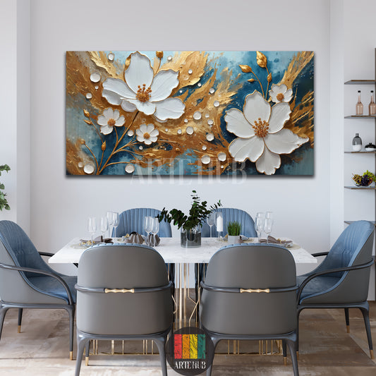 3D-textured white and gold floral canvas wall art displayed in a luxury dining room with blue velvet chairs, modern home decor Egypt.