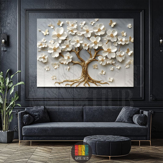 Exquisite 3D floral tree canvas wall art featuring golden branches and white blossoms in a luxury living room setting in Egypt.