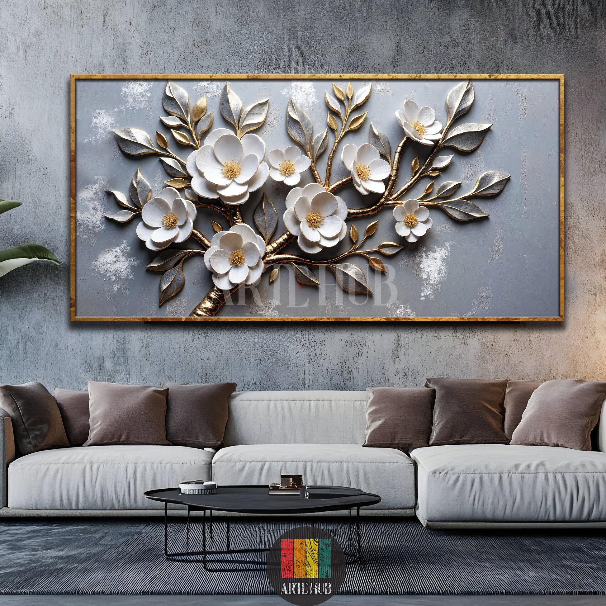 Modern 3D floral canvas wall art with white blossoms and gold accents on a textured gray background, high-end luxury wall decor for living rooms in Egypt.