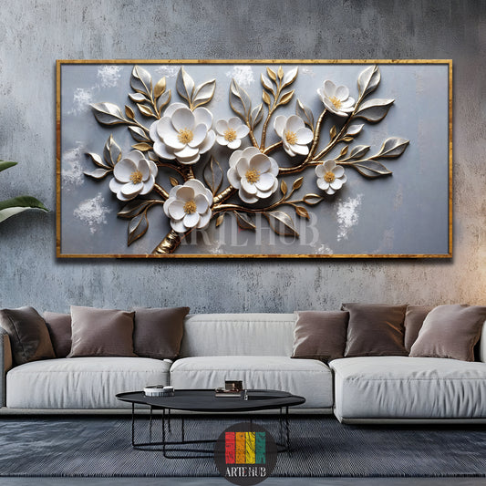Modern 3D floral canvas wall art with white blossoms and gold accents on a textured gray background, high-end luxury wall decor for living rooms in Egypt.