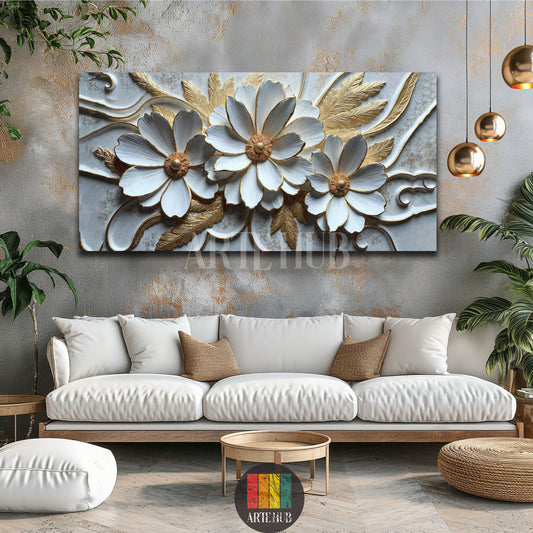 A luxurious 3D-effect canvas wall art featuring large white flowers with gold leaf accents and a textured background above a modern sofa in Egypt.