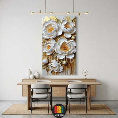 Luxury 3D textured white peony canvas wall art with gold metallic accents for modern dining room decor in Egypt.