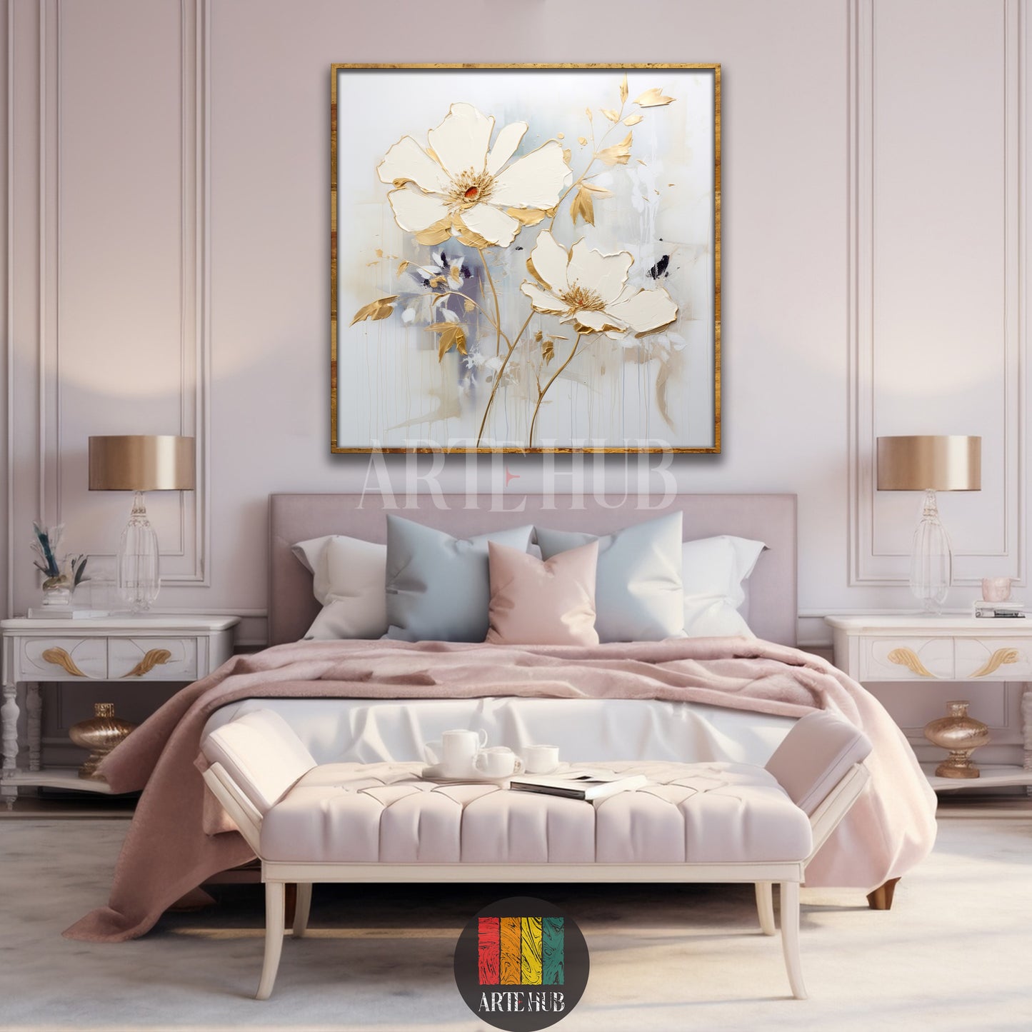 A luxurious large square canvas wall art featuring textured white and gold abstract flowers hanging above a bed in a modern bedroom in Egypt.
