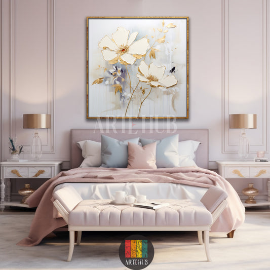 A luxurious large square canvas wall art featuring textured white and gold abstract flowers hanging above a bed in a modern bedroom in Egypt.