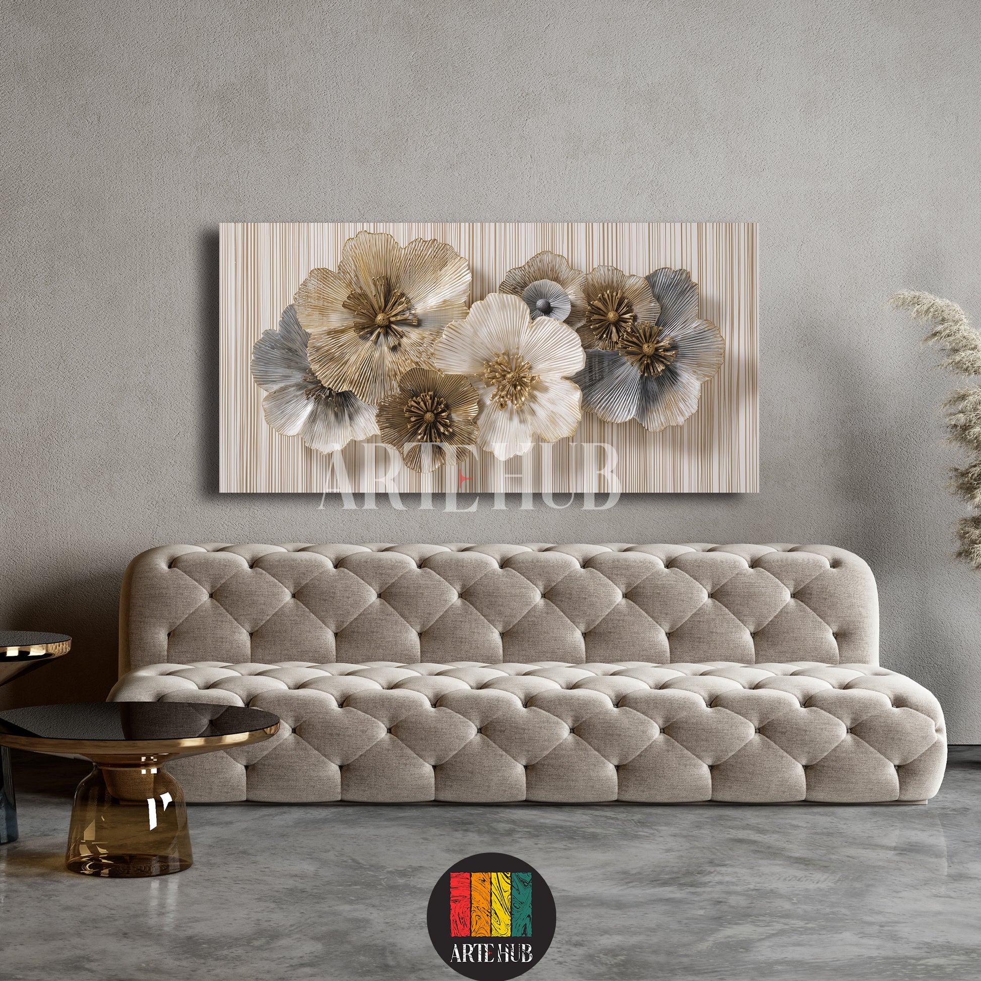 Elegant canvas wall art showcasing 3D metallic floral designs in gold and silver, perfect for luxury modern living room decor in Egypt.