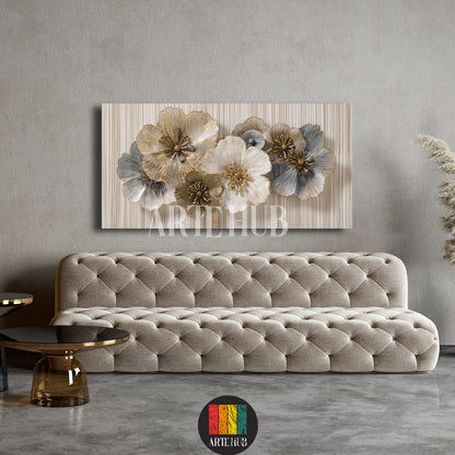 Elegant canvas wall art showcasing 3D metallic floral designs in gold and silver, perfect for luxury modern living room decor in Egypt.