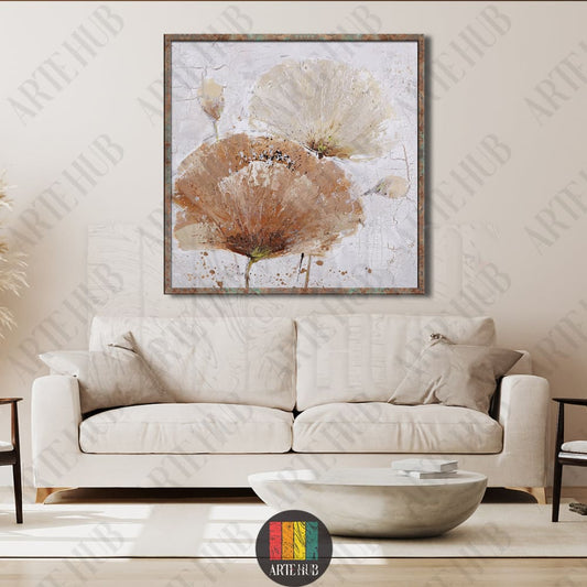 Luxury abstract floral canvas wall art with gold and beige tones, textured crackle background, elegantly framed in a modern Egyptian home setting.