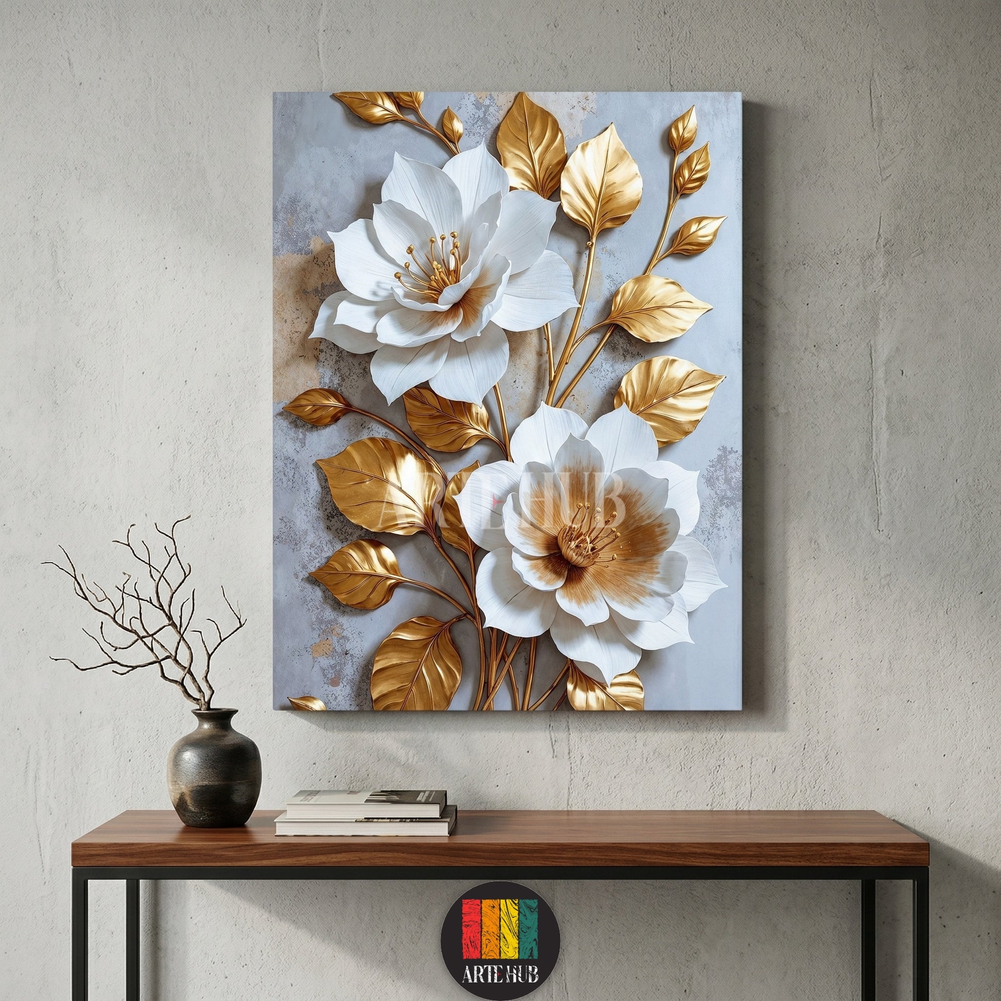 A luxury canvas wall art featuring 3D-effect white blossoms and metallic gold leaves on a textured grey background, perfect for modern home decor in Egypt.