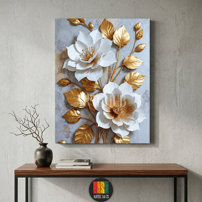 A luxury canvas wall art featuring 3D-effect white blossoms and metallic gold leaves on a textured grey background, perfect for modern home decor in Egypt.