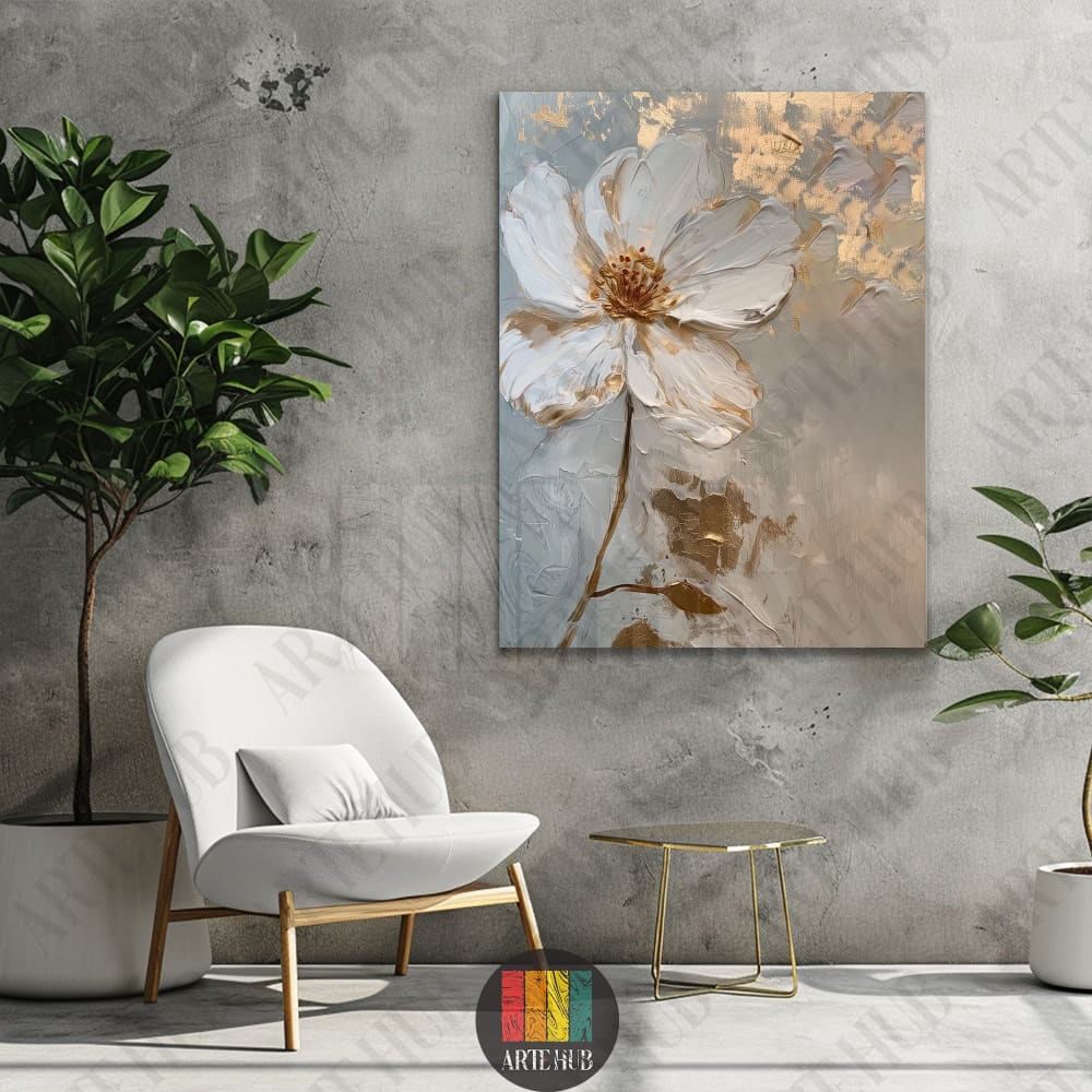 Abstract impasto white flower canvas wall art with gold leaf accents on a grey textured background for luxury home decor in Egypt.