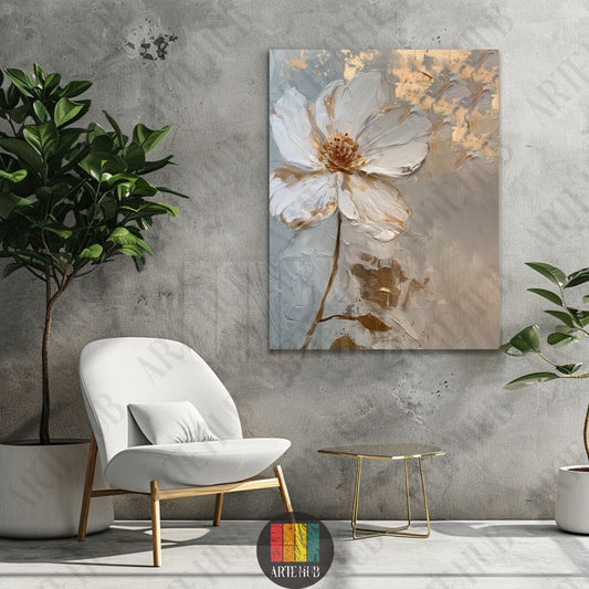 Abstract impasto white flower canvas wall art with gold leaf accents on a grey textured background for luxury home decor in Egypt.