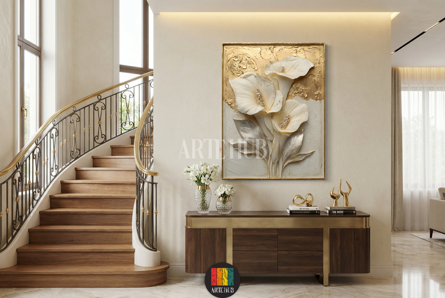 A luxury 3D textured canvas wall art featuring elegant white Calla Lilies with gold leaf accents and silver leaves, displayed in a premium Egyptian home interior.