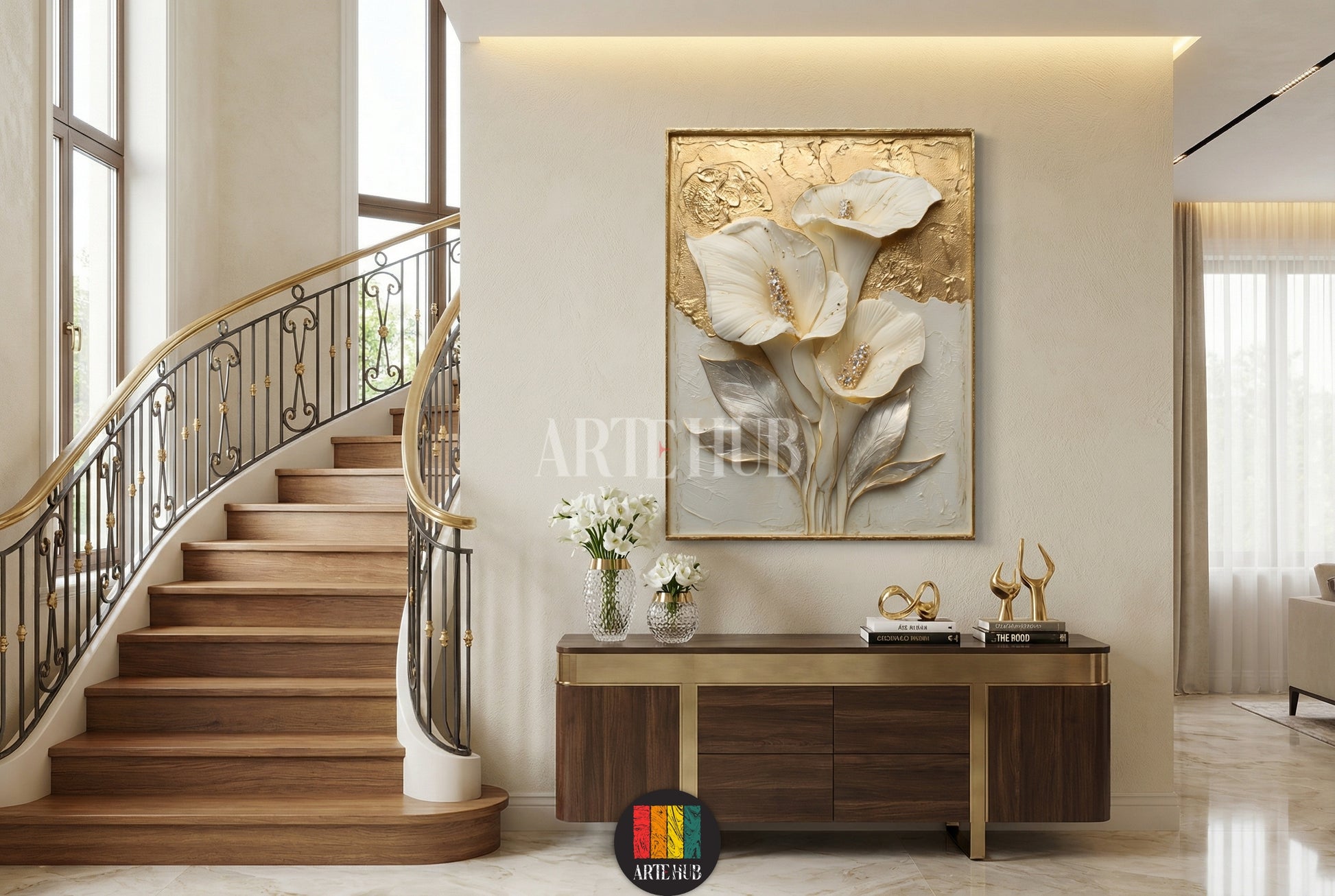 A luxury 3D textured canvas wall art featuring elegant white Calla Lilies with gold leaf accents and silver leaves, displayed in a premium Egyptian home interior.