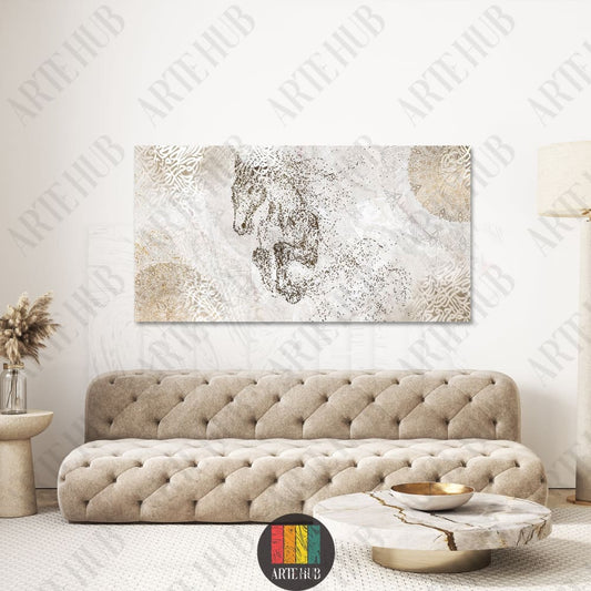 Horizontal canvas wall art featuring a stippled horse silhouette with gold Arabic calligraphy and mandala patterns in a modern luxury living room.
