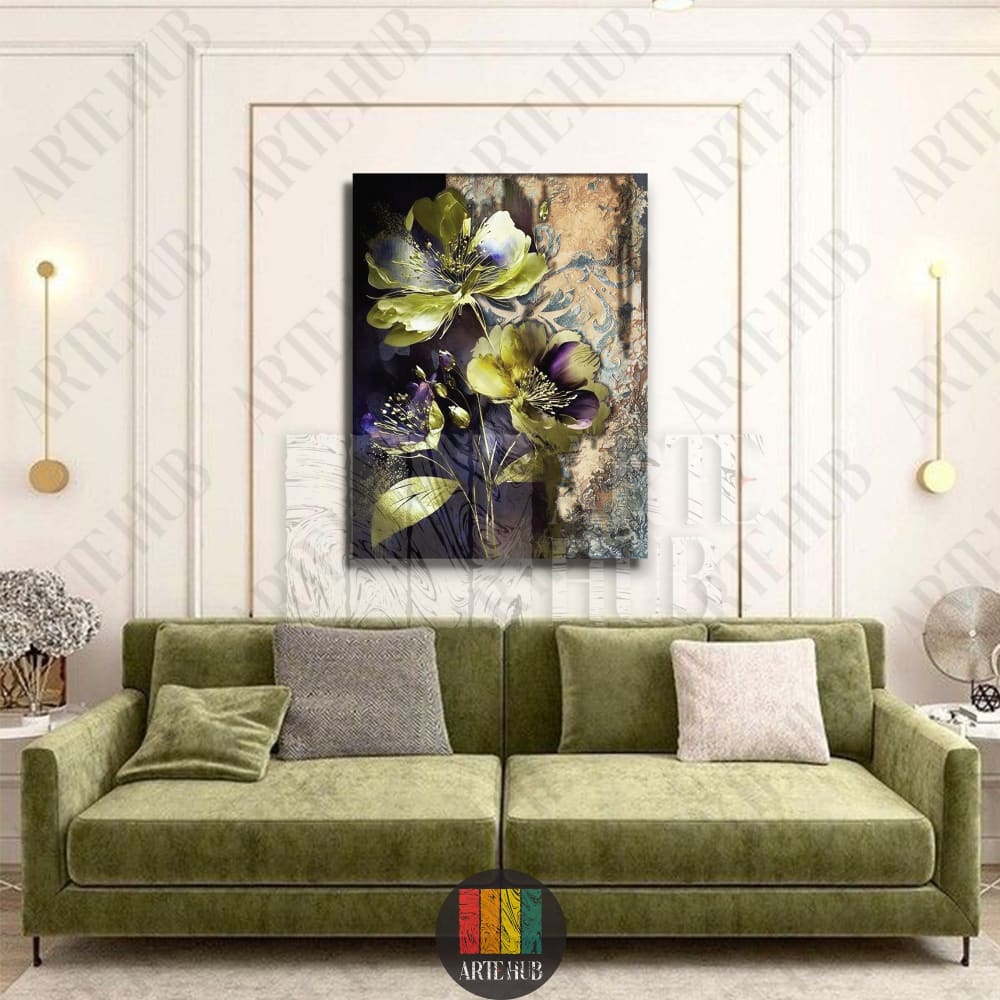 Luxury canvas wall art featuring two large golden and purple flowers on a textured vintage background, displayed above a green velvet sofa in a modern Egypt home.