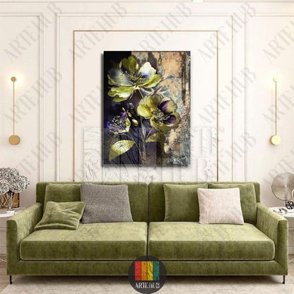 Luxury canvas wall art featuring two large golden and purple flowers on a textured vintage background, displayed above a green velvet sofa in a modern Egypt home.