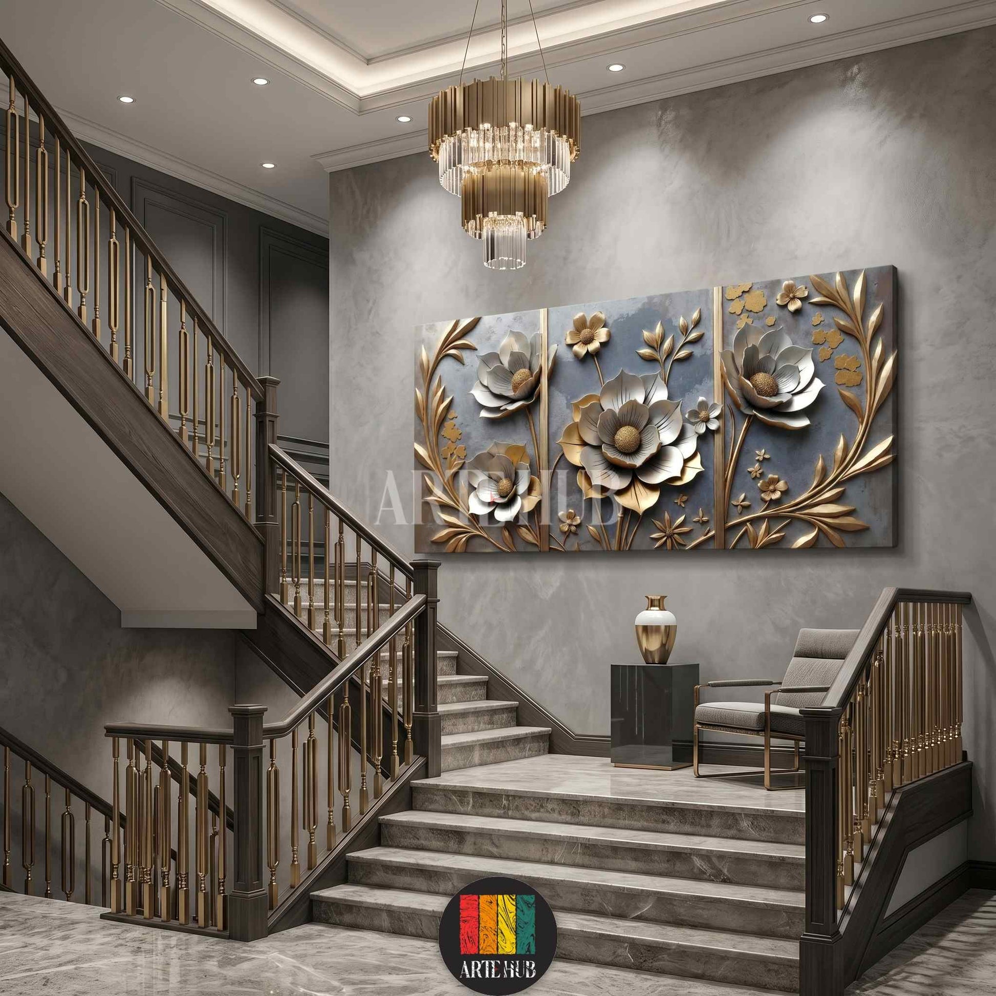 A luxurious large canvas wall art featuring 3D sculpted metallic gold and silver flowers against a charcoal background in a grand foyer staircase.