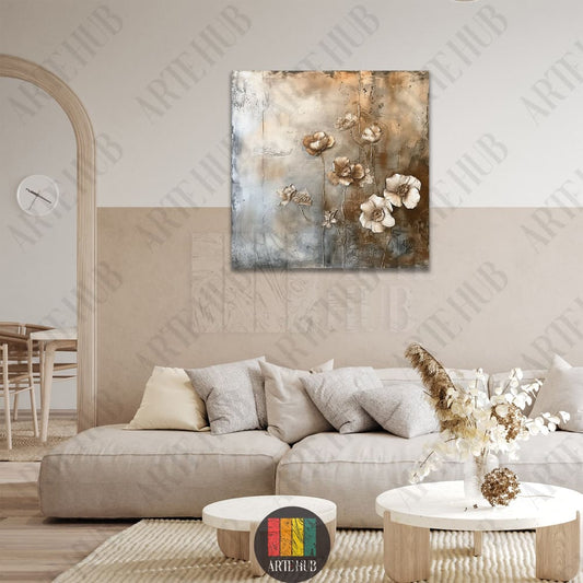 Textured abstract floral canvas wall art with bronze and white flowers displayed in a modern luxury living room, high-end home decor Egypt.