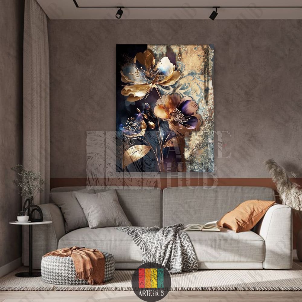 Premium canvas wall art showcasing abstract gold and blue flowers with a vintage patterned backdrop in a modern living room setting.