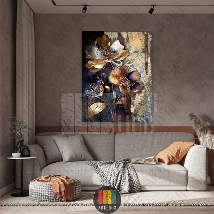 Premium canvas wall art showcasing abstract gold and blue flowers with a vintage patterned backdrop in a modern living room setting.