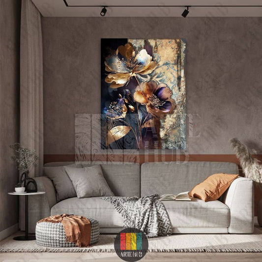 Premium canvas wall art showcasing abstract gold and blue flowers with a vintage patterned backdrop in a modern living room setting.