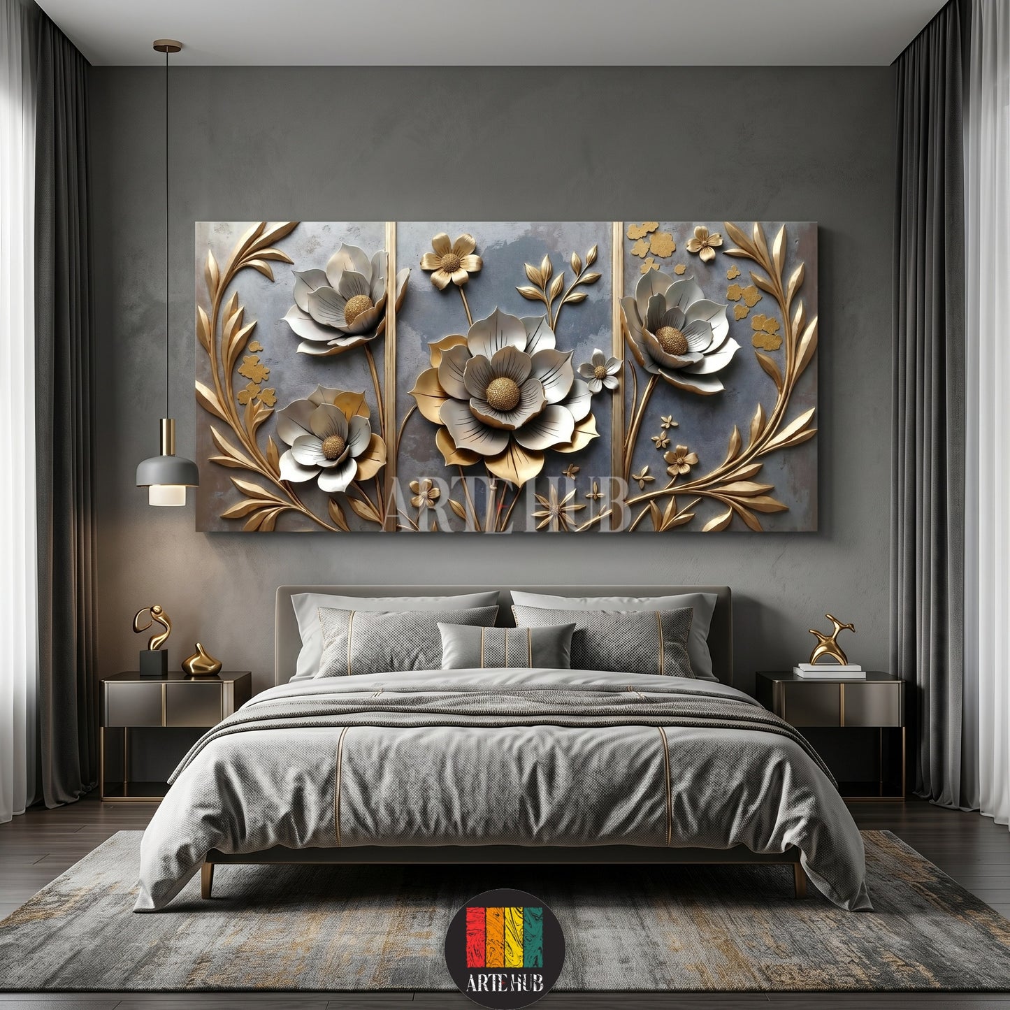 Luxurious 3D embossed floral canvas wall art featuring golden and silver flowers over a grey backdrop, ideal for modern bedroom decor in Egypt.