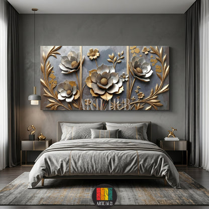 Luxurious 3D embossed floral canvas wall art featuring golden and silver flowers over a grey backdrop, ideal for modern bedroom decor in Egypt.